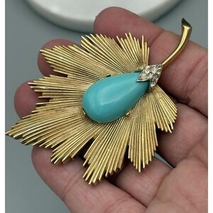 Vintage Crown Trifari Brooch Faux Turquoise Gold Tone Leaf 1950s Rhinestones